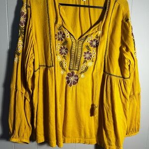 Yellow Embroidered  Boho 1x Women's Top